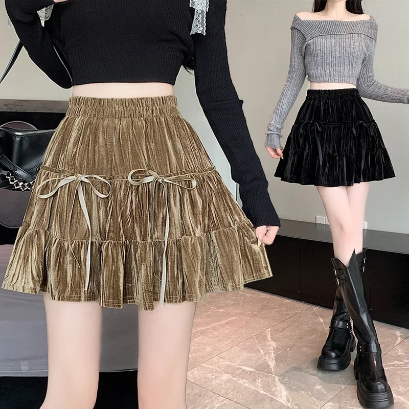 Golden Velvet Cake Half Body Skirt for Women Autumn/Winter 2024 New High Waist, Small and Thin, A-line Skirt, Puffy Short Skirt