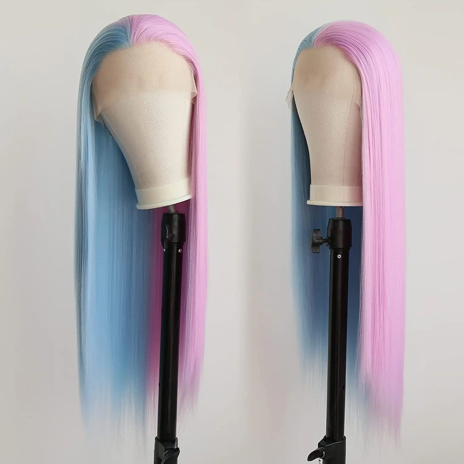 Pink Half Blue Lace Front Wig Synthetic Long Silky Straight Heat Resistant Fiber Middle Part Wig for Women