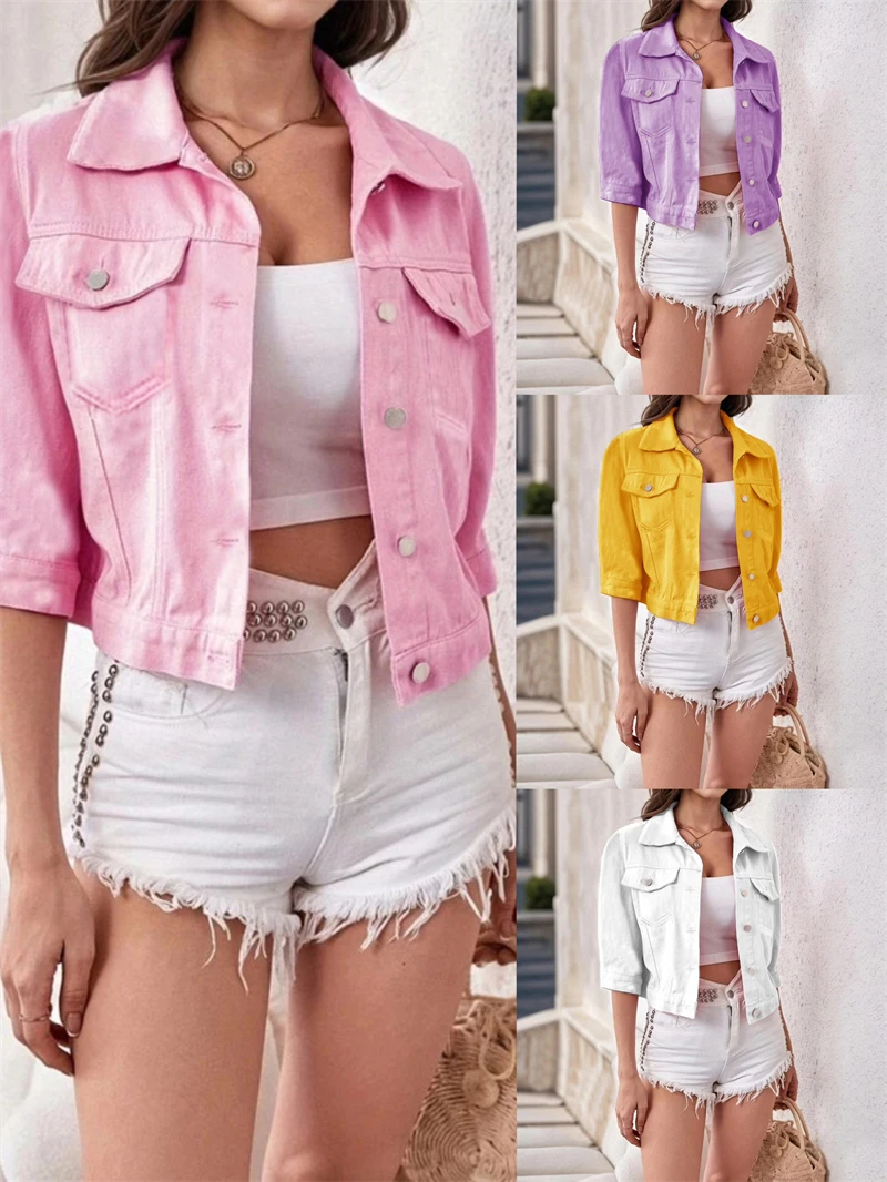 

2025 Spring Autumn Cowboy Coat New Women Cropped Sleeve Short Women Denim Jackets Single Breasted Lapel Female Outwear Tops
