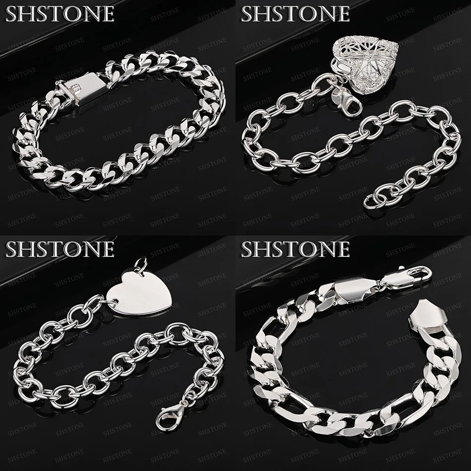 

New Style 925 Sterling Silver Cuban Chain Love Heart Pendant Bracelets Birthday Party Valentine's Day Nice Jewelry Accessories