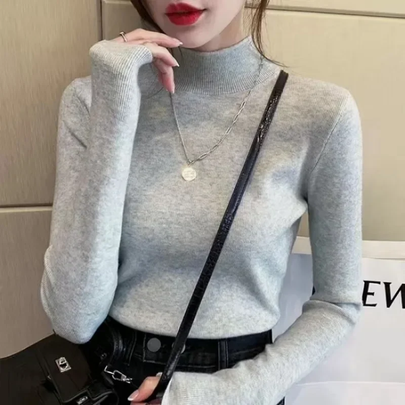 Fashion Half Turtleneck Pullover Sweater Elegant Long Sleeve Basic Knitted Tops Autumn Winter Jumper Women Clothes Sueter