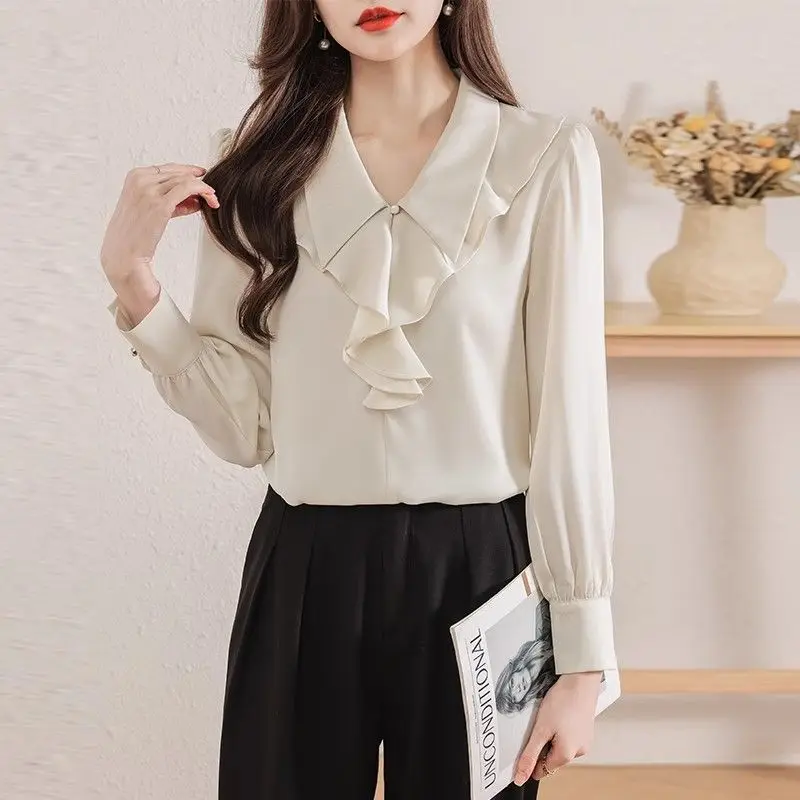 

Spring Autumn Women's Solid V-Neck Ruffles Patchwork Chiffon Pullover Button Long Sleeve Casual Fashion Elegant Office Lady Tops