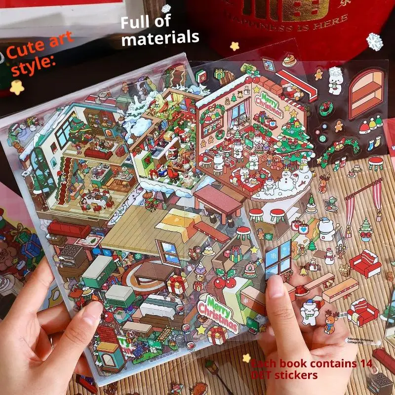 

Набор из 10 наклеек: мультяшные рождественские миниатюрные диорамы, DIY, для скрапбукинга, праздничные украшения, подарки