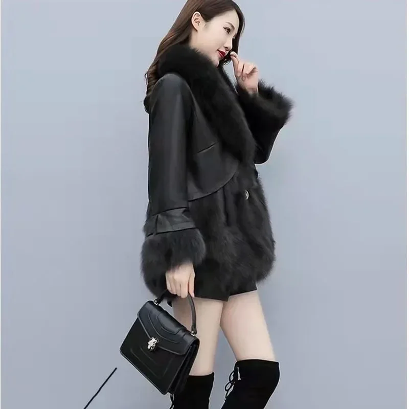 Chic Leather Jacket Women's Overcoat 2024 Autumn Winter New Faux Fox Fur Mid-Length PU Leather Stitching Thick Warm Coat Outwear