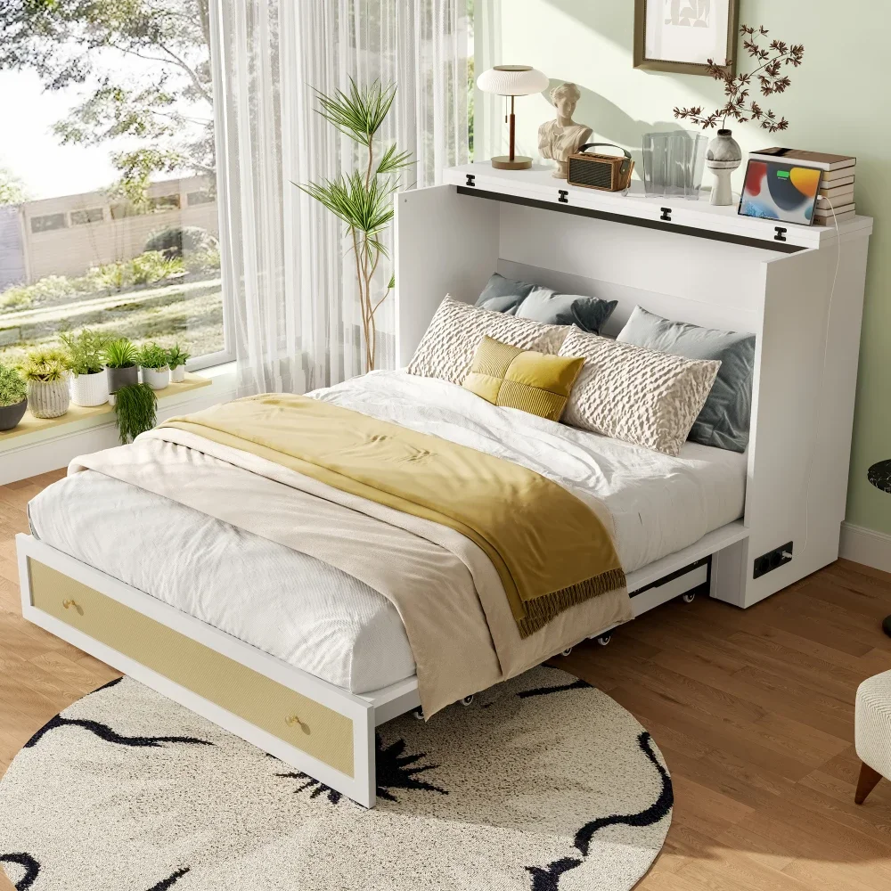 Lit armoire peu encombrant avec tiroirs de rangement et étagère, lit plateforme convertible, meubles modernes