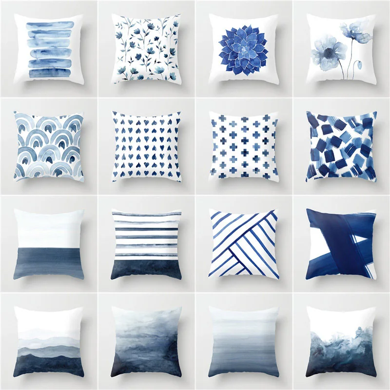 1pcs Double-sided Printed Square Cushion Cover Home Decor Sofa Pillowcase Beauty Blue Geometric Flower Pattern  Fashion Short
