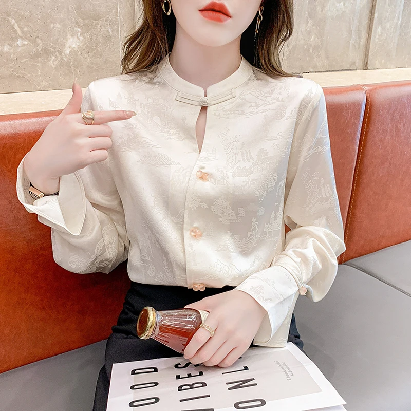 

QOERLIN Chinese New Style Acetate Satin Shirts Women Spring Fall Quality Disc Button Jacquard Top Blouse Flare Long Sleeve Shirt