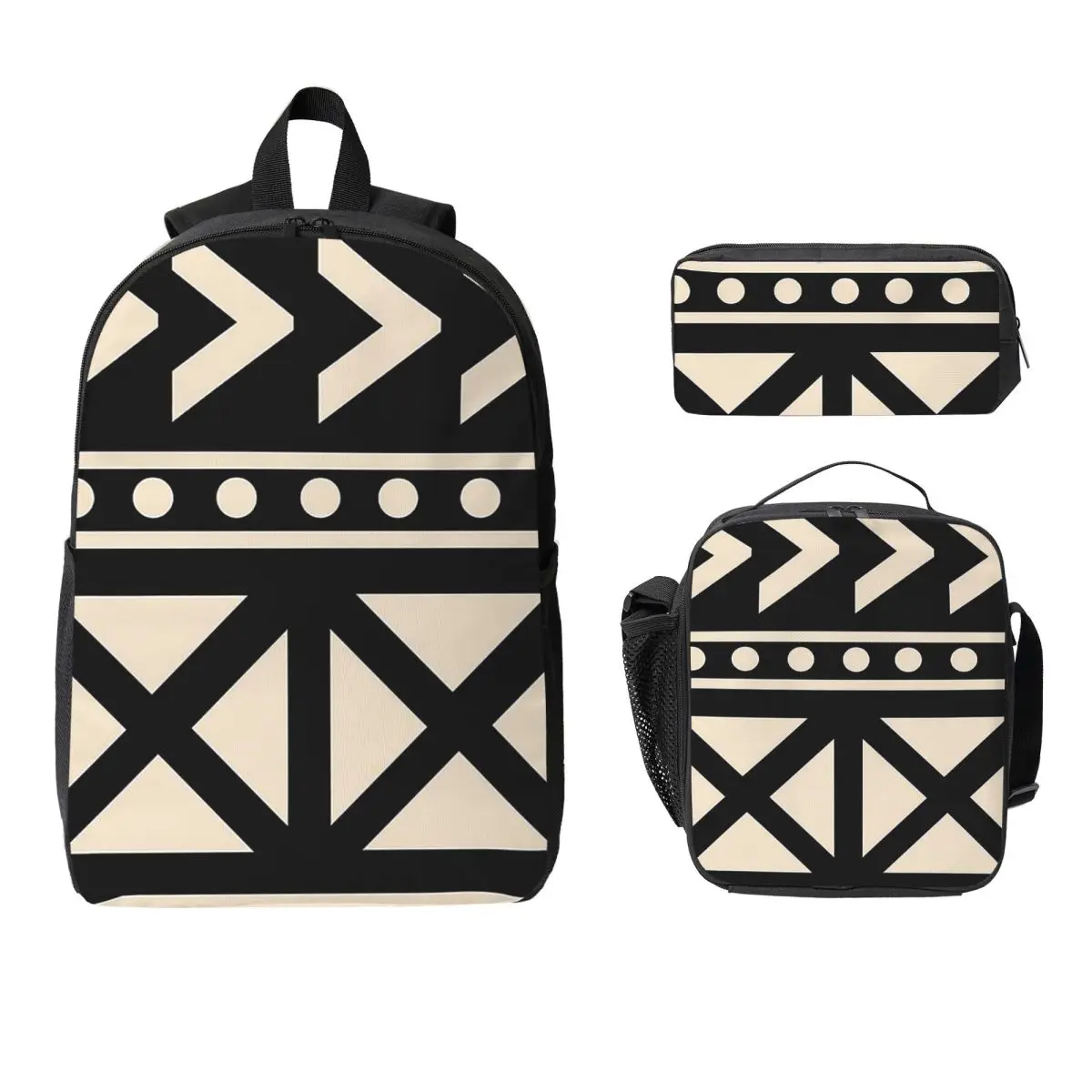 

African Mud Cloth Black And White Trending Backpack BookBag School Bag Computer Shoulder Bags 3ps Lunch Bag Pencil Case