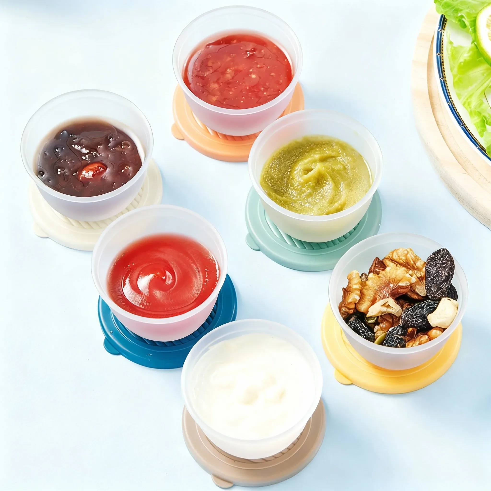 2/6Pcs 50ML Mini Salad Sauce Container Outdoor Portable Plastic Seasoning Dish with Lid Reusable Leak Proof Dipping Sauce Bowl