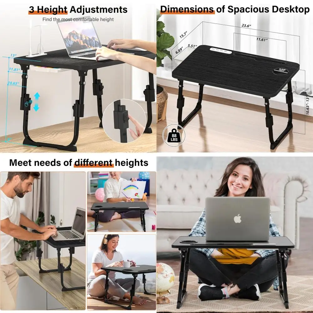

Adjustable Height Laptop Desk with USB, Storage, Cup Holder, Tablet Stand, and Book Shelf - Portable Folding Bed Tray for Readin