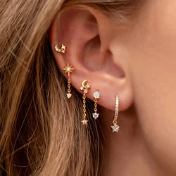 2 pièces boucles d'oreilles en acier inoxydable zircon cubique chaîne créoles pour femmes étoile lune Unique Punk boucle d'oreille Cartilage Piercing bijoux