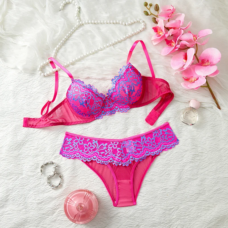 

Sexy Hot Lingerie Rose Red Mesh Underwear Female Floral Lace Romantic Intimate Lingerie Set Fantasy Translucent Erotic Lingerie