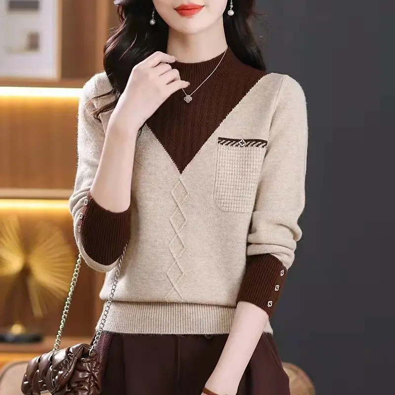 2024 Autumn New Pullover Sweater Women's Knitted Long-sleeved Versatile Constracting Color Loose Casual Outer Wear Top