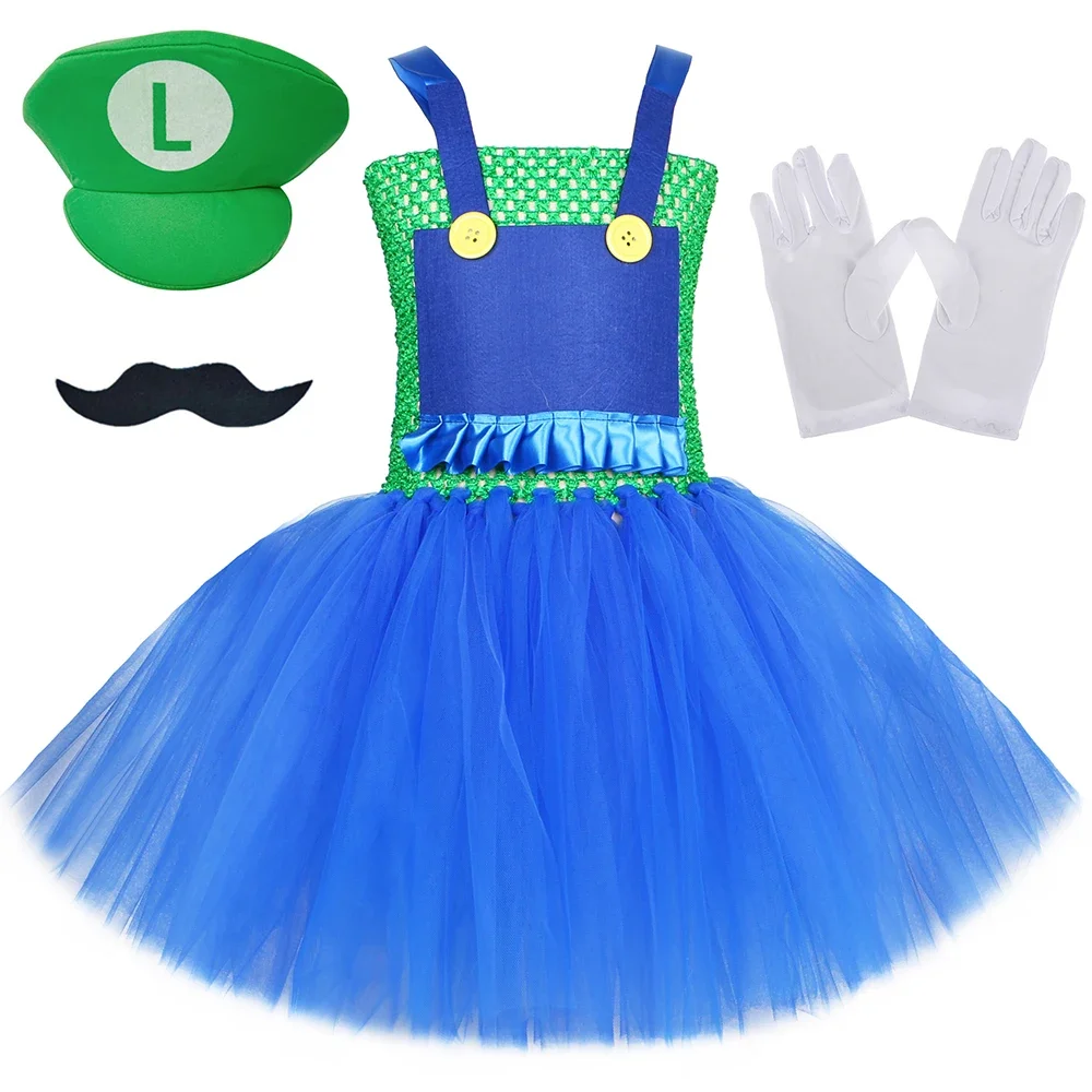 Marios Luigi Costume Kids Anime Super Brothers Tutu Dress Girls Fancy Dress Up Clothes Kids Halloween Carnival Party Costumes