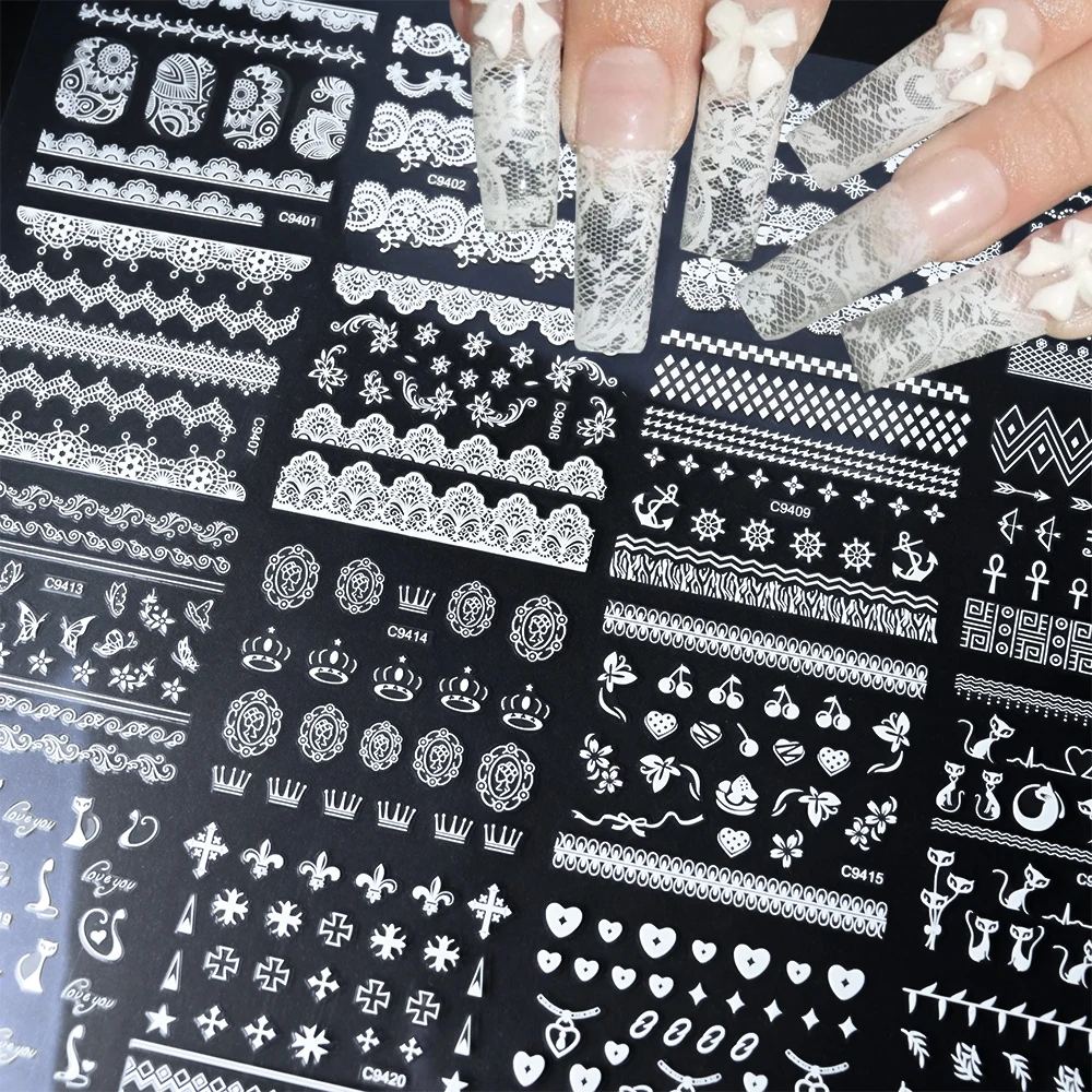 

30 шт., наклейки для дизайна ногтей с белыми цветами и листьями