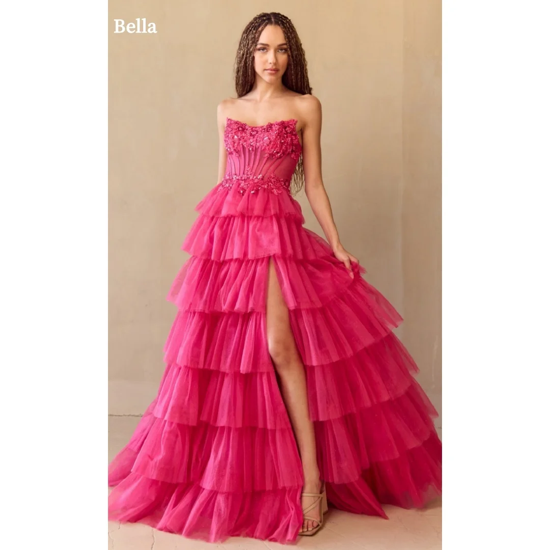 

Bella Customized Sequins Multi-Layered Side Slit robes de soirée Mesh Fabric Strapless Party Dresses Floor-Length Prom Dress