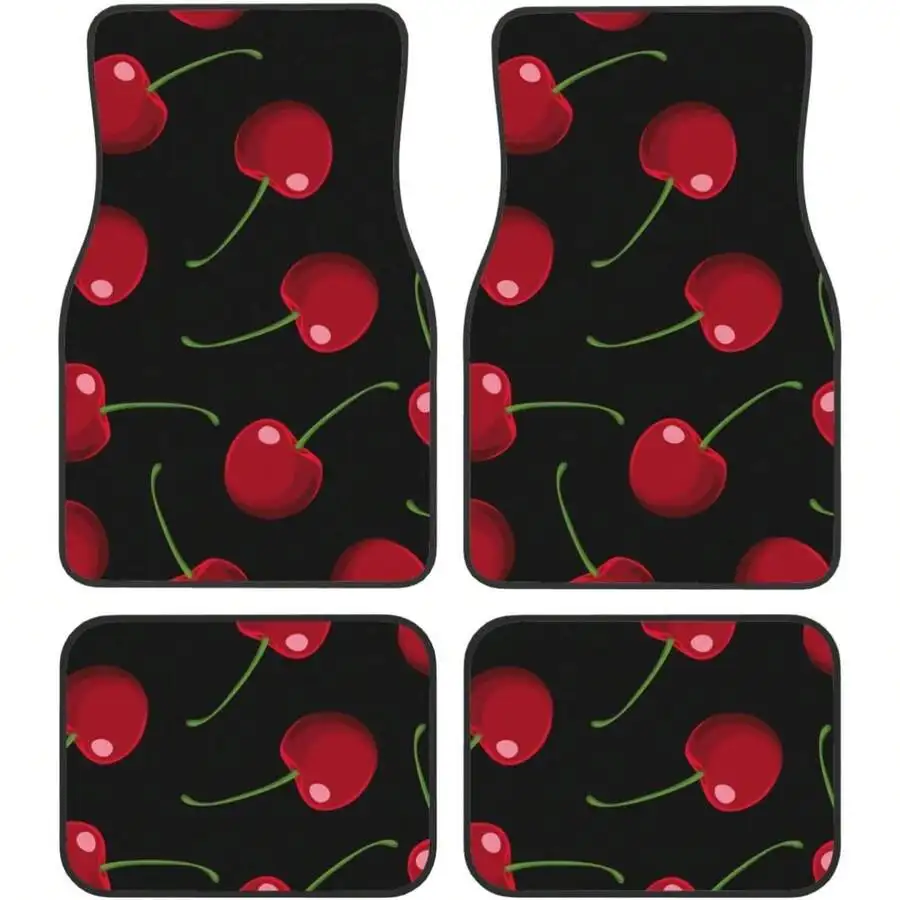 

4pcs Red Cherries Black Car Floor Mats Universal Front Rear Auto Accessories