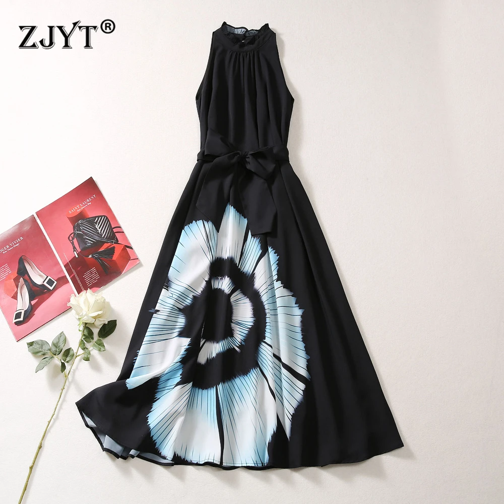 

ZJYT Summer Runway Fashion Women Sleeveless Print Dress Black Vintage Lace Up Casual Loose Long Vacation Dresses Vestidos Lady