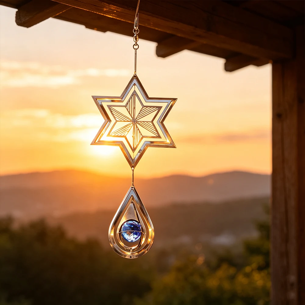 Hexagram Snowflake Wind Spinner Suncatcher Crystal Ball Drop Tail Flowing-Light Effect Wind Sculptures with 360° Swivel Hook