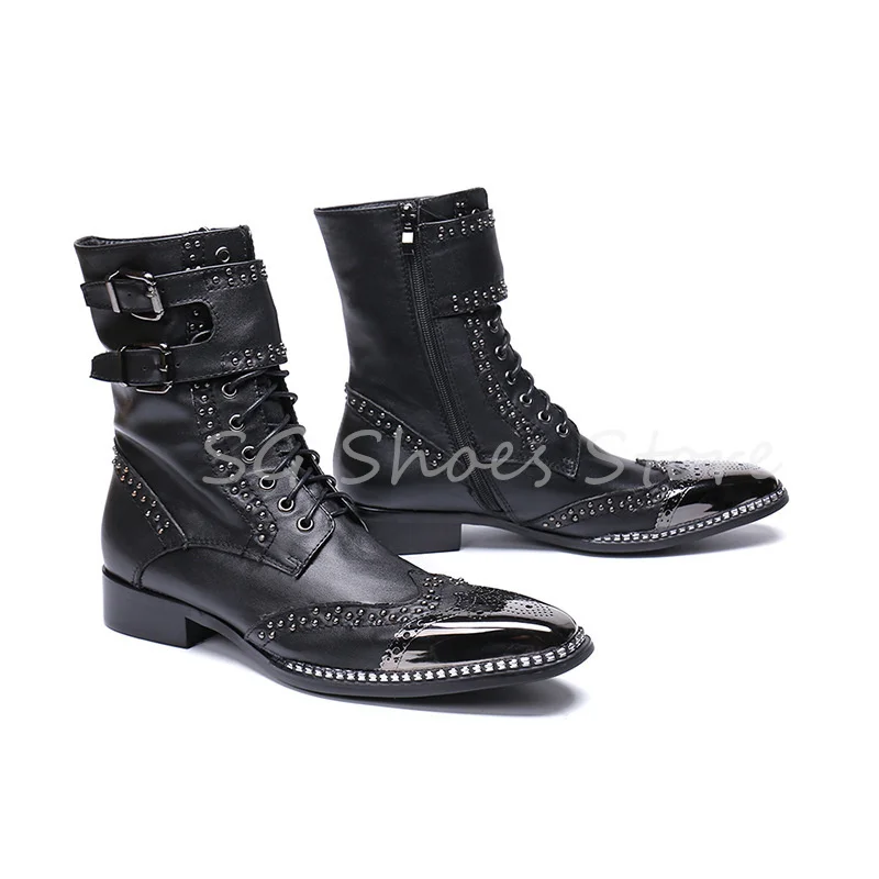 Retro Carving High Top Brogue Boots for Men Winter Warm Belt Buckle Rivet Chelsea Boots Male Stree Motorcycle Boots