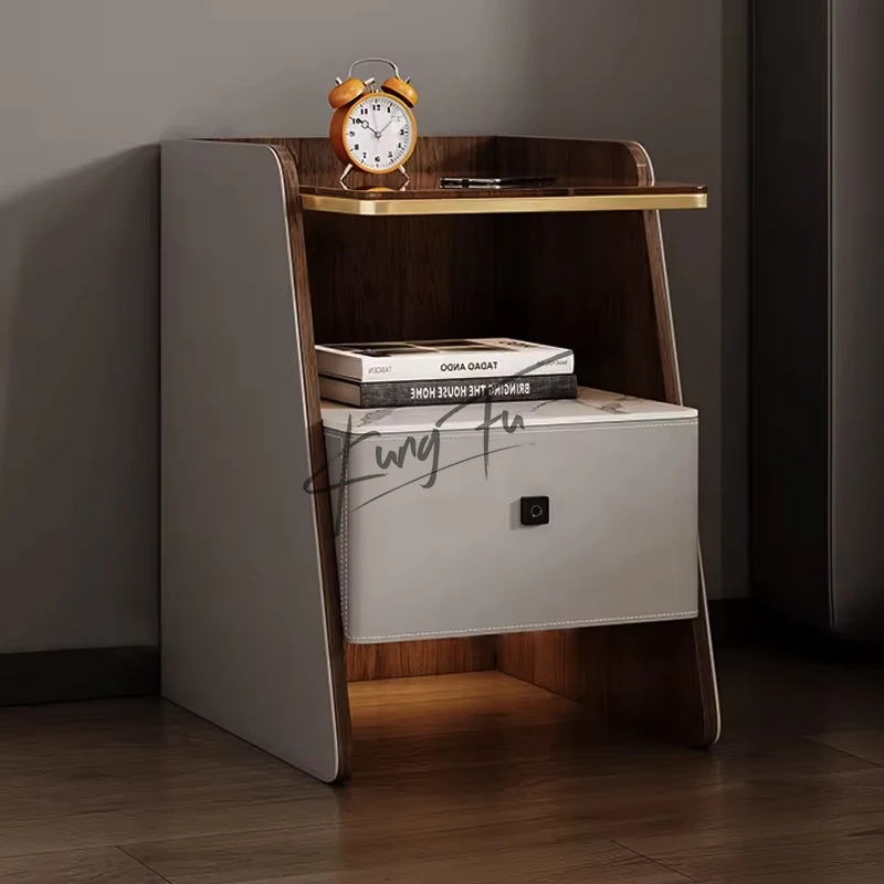 Lightweight Luxury Fingerprint Lock Multifunctional Bedside Table Modern Simple Saddle Leather Bedside Table