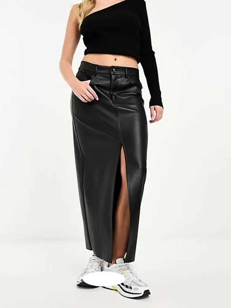 

Women Black Vintage Matte Faux Leather Sexy Side Split Midi Skirts With Pocket Ladies PU Straitght Skirt Party Clubwear Custom