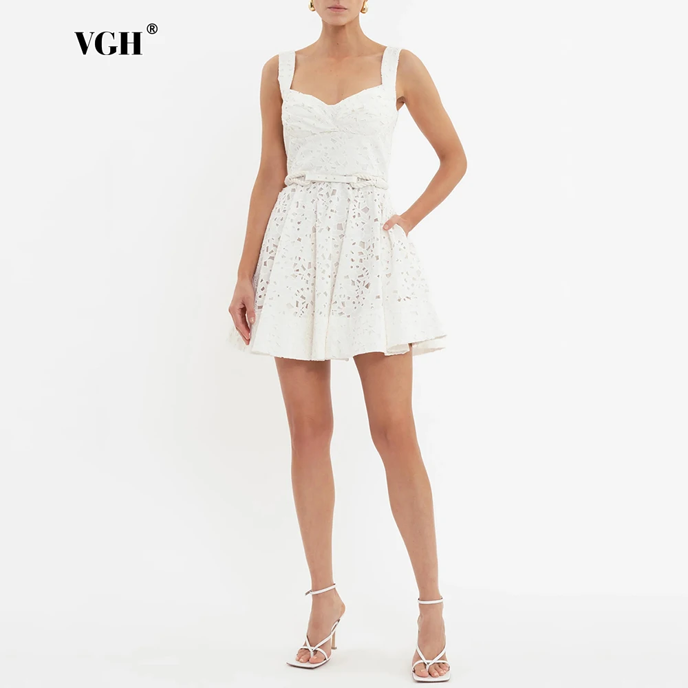 VGH Solid Casual Spliced Embroidery Mini Dress for Women Square Collar Sleevless High Waist Patchwork Hollow Folds Skirt Female