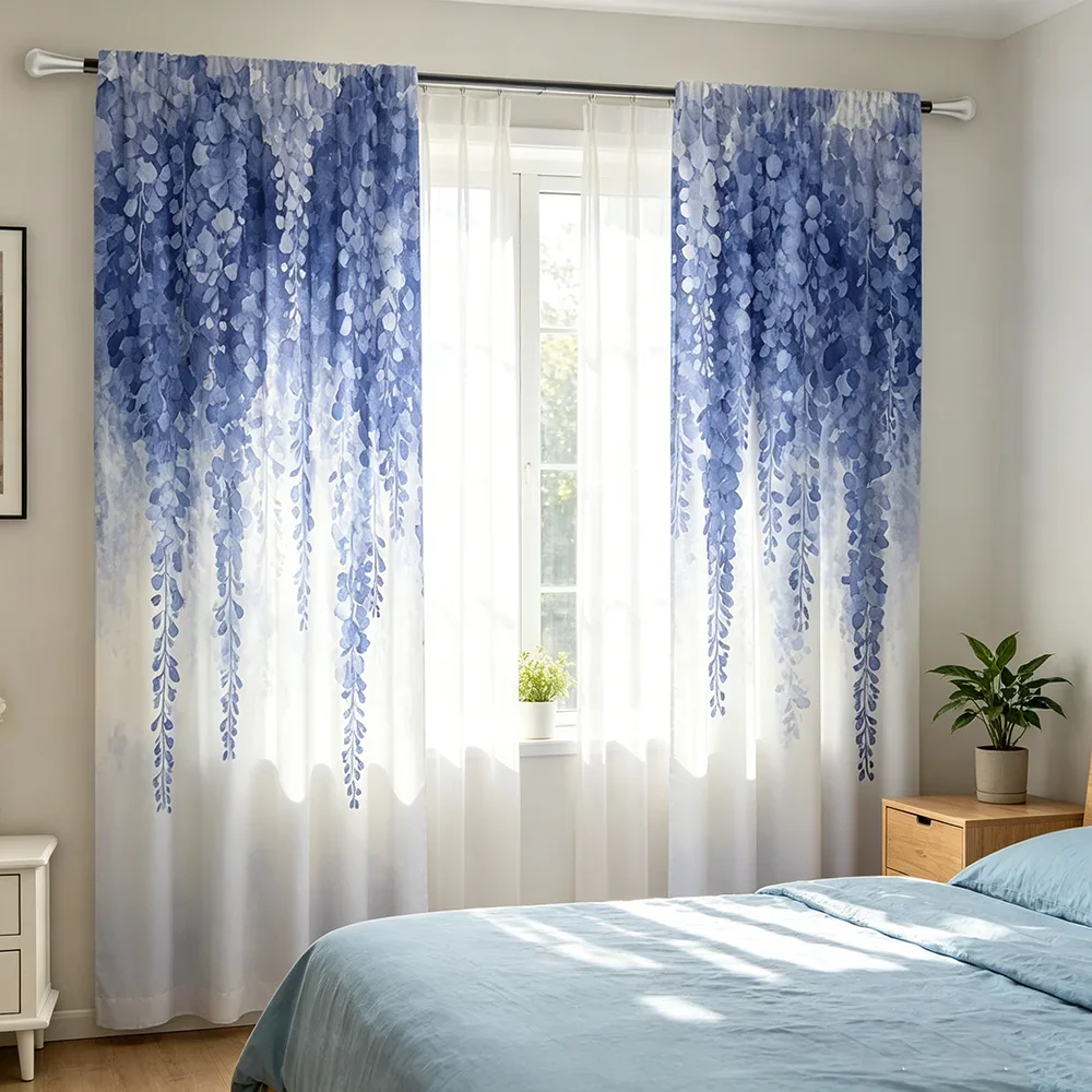 2PCS Digital Printed Curtains, Light Blue Flower Cascade Pattern, Stylish Window Treatment for Living Room Bedroom Decor