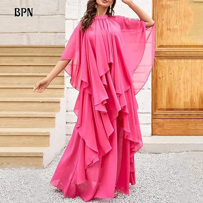 

BPN Casual Patchwork Ruffles Dresses For Women Round Neck Half Sleeve High Waist Irregular Long Dress Female Fashion Clothes New