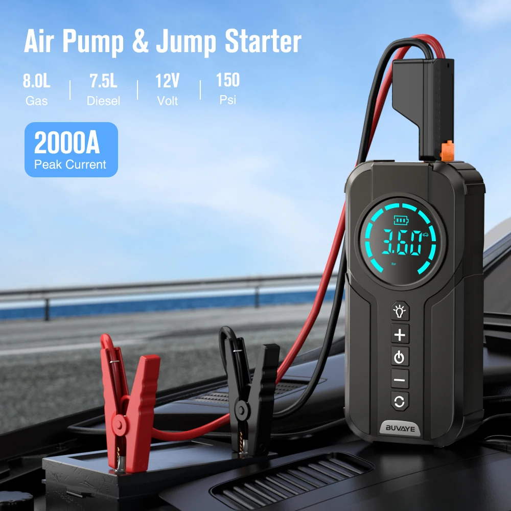 BUVAYE 4 in 1 Car Air Pump Auto Tyre Inflator with Power Bank LED Lighting Portable Car Battery Booster Air Compressor Tire Pump