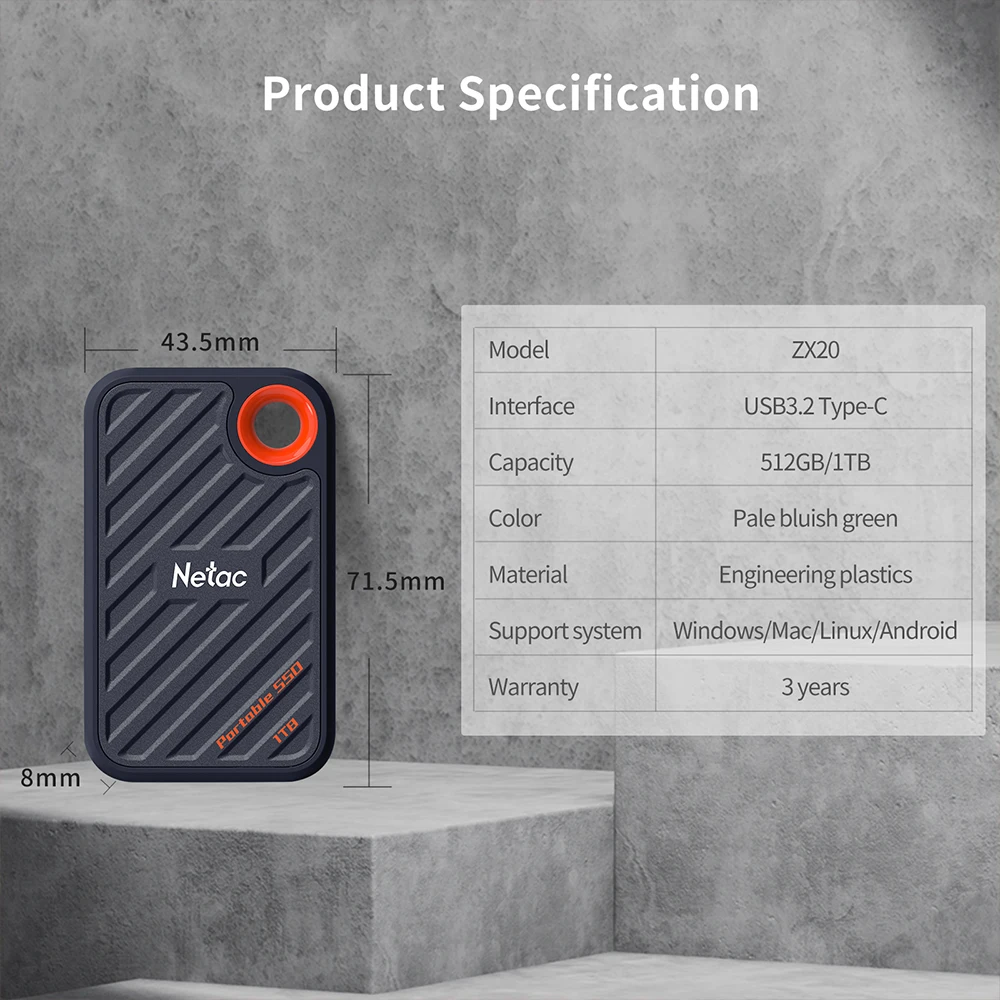 Netac 2000MB/s External SSD Drive 1TB 512GB SSD Portable USB3.2 Gen2x2 Solid State Disk ZX20 for Business laptop desktop