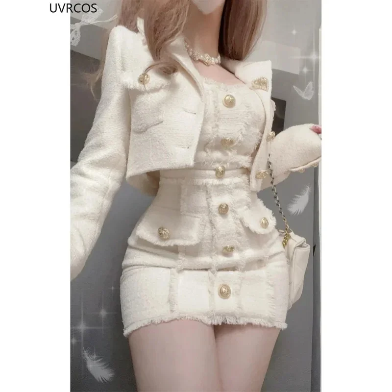 Korean Style Elegant Vintage Two Piece Set Women Sweet Woollen Short Jackets Tassel Design Mini Dress Suit Female Fashion Outfit