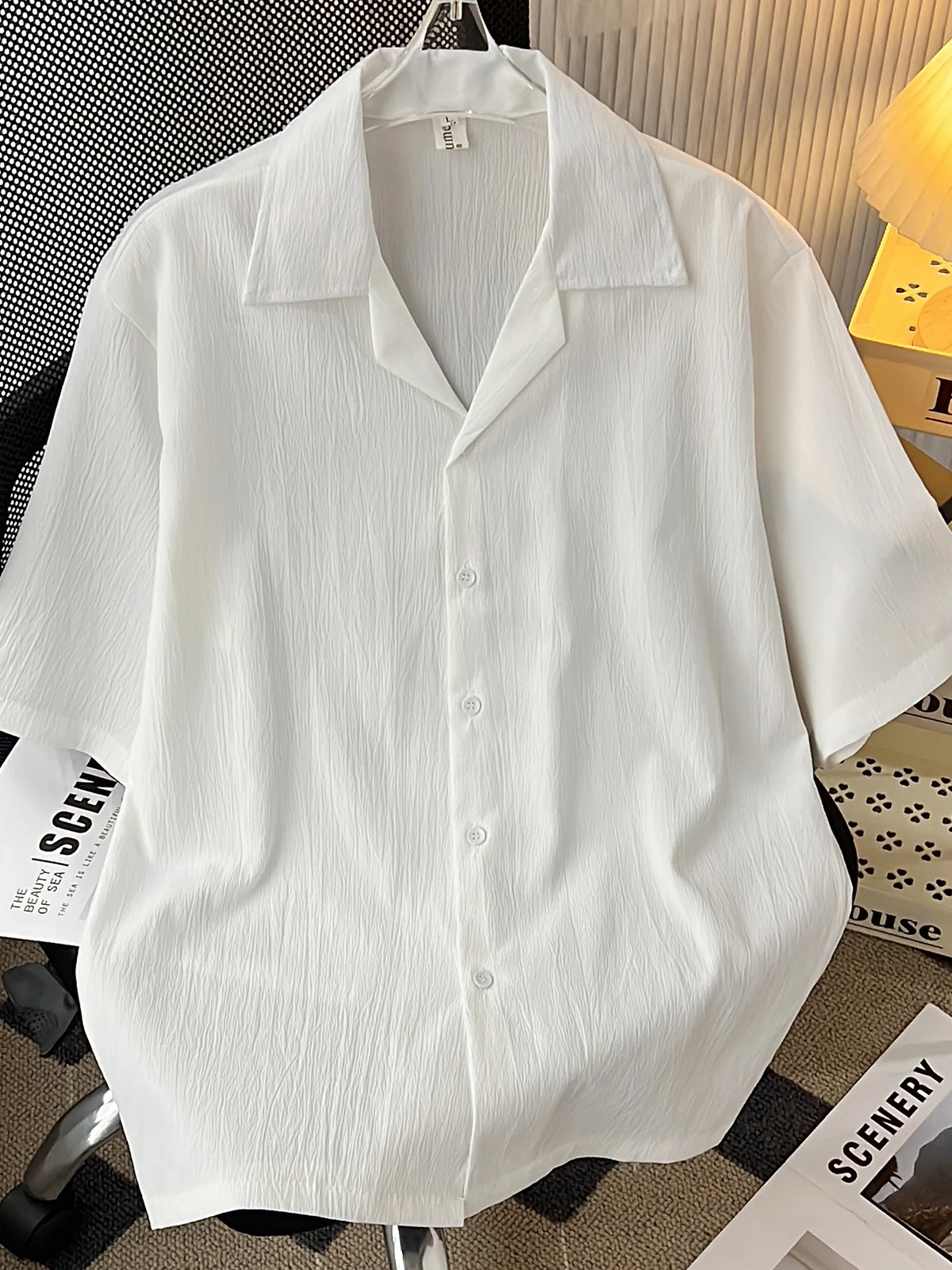 

Summer Thin Pleated Short Sleeve Casual Shirt for Men Lightweight Loose Fit Ice Silk Fabric Korean Style Trendy Student Wear