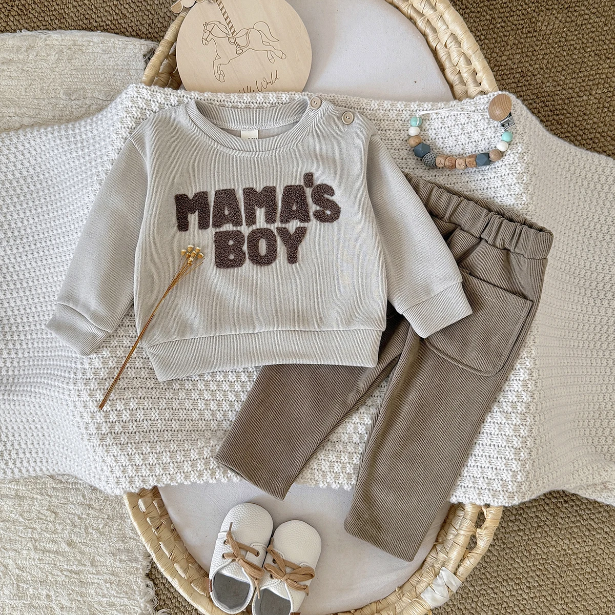 Spring Autumn Infant Boys Fashion Towel Letter 2PCS Suit, Textured Rib Top Soft Corduroy Ankle Cuff Daily Pants
