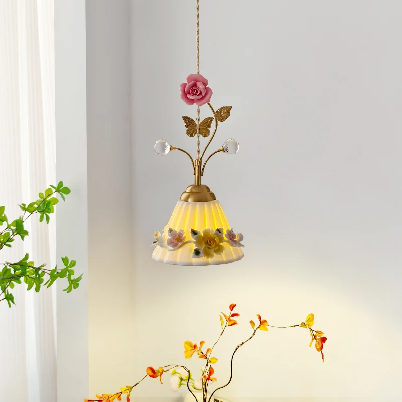 ضوء قلادة على شكل زهرة فرنسية على الطراز الريفي دافئ ورومانسي إبداعي من السيراميك الممر ومنضدة بار لغرفة النوم بجانب السرير #1