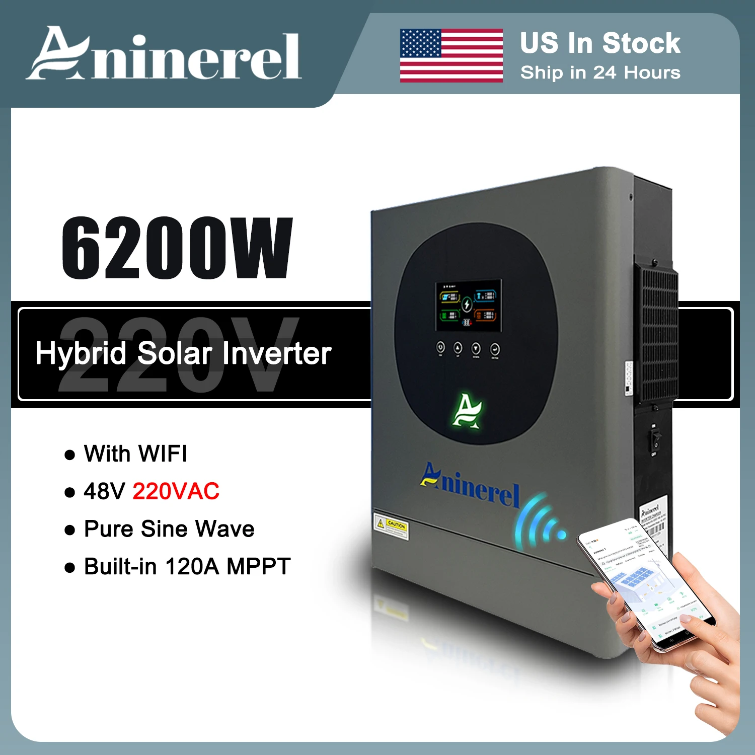 Aninerel 6.2KW 48V 120A MPPT Hybrid Solar Inverter With WIFI Dual Outputs 220VAC Pure Sine Wave Off-Grid PV Inverter PV60-500VDC US In Stock