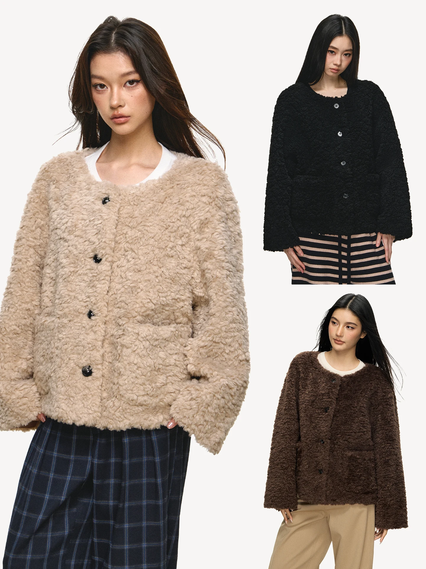 

Anna Aneae Thiened Warm Lamb Fur Jaet Women's Spring Autumn Loose Casual Plu Top Casual Sle Long Sve round Ne