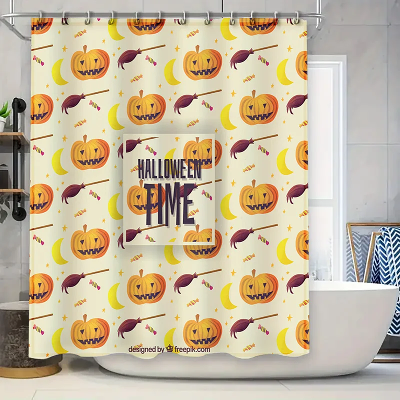 Halloween Shower Curtain DecorSpooky Pumpkin Witch Broomstick Pattern Bath Rug Haunted House Party Supplies Decoration Set for H