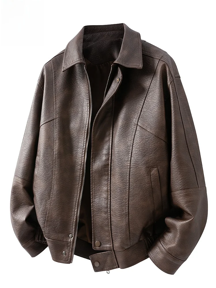 

Мужская кожаная куртка в американском ретро-стиле, осенняя коллекция 2025 года, новая, стильная, повседневная, с отложным воротником, мотоциклетная кожаная куртка для мужчин