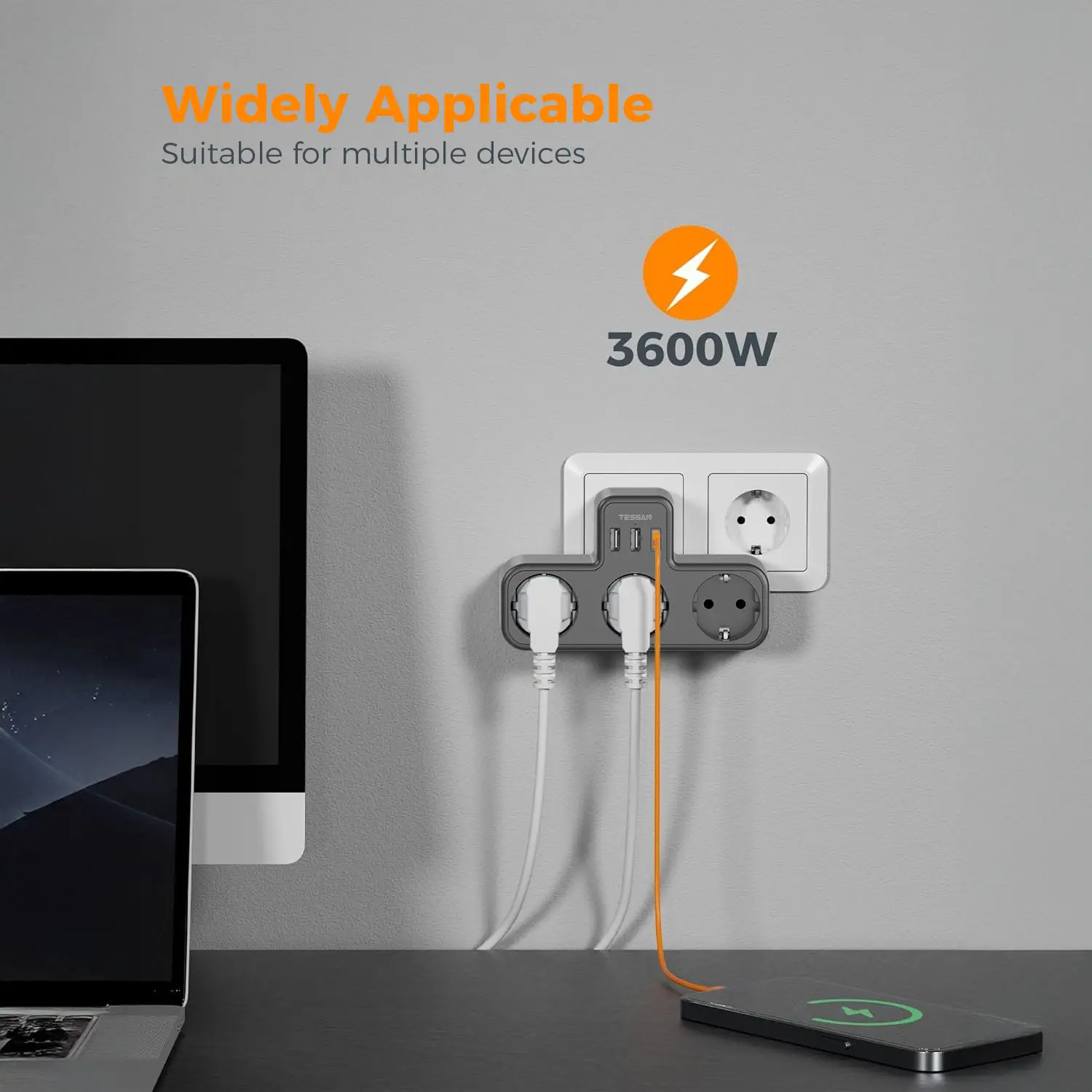 TESSAN-enchufe de pared USB estándar de la UE múltiple, enchufe 6 en 1 con adaptador de 3 salidas de CA, cargador de pared para el hogar y la Oficina