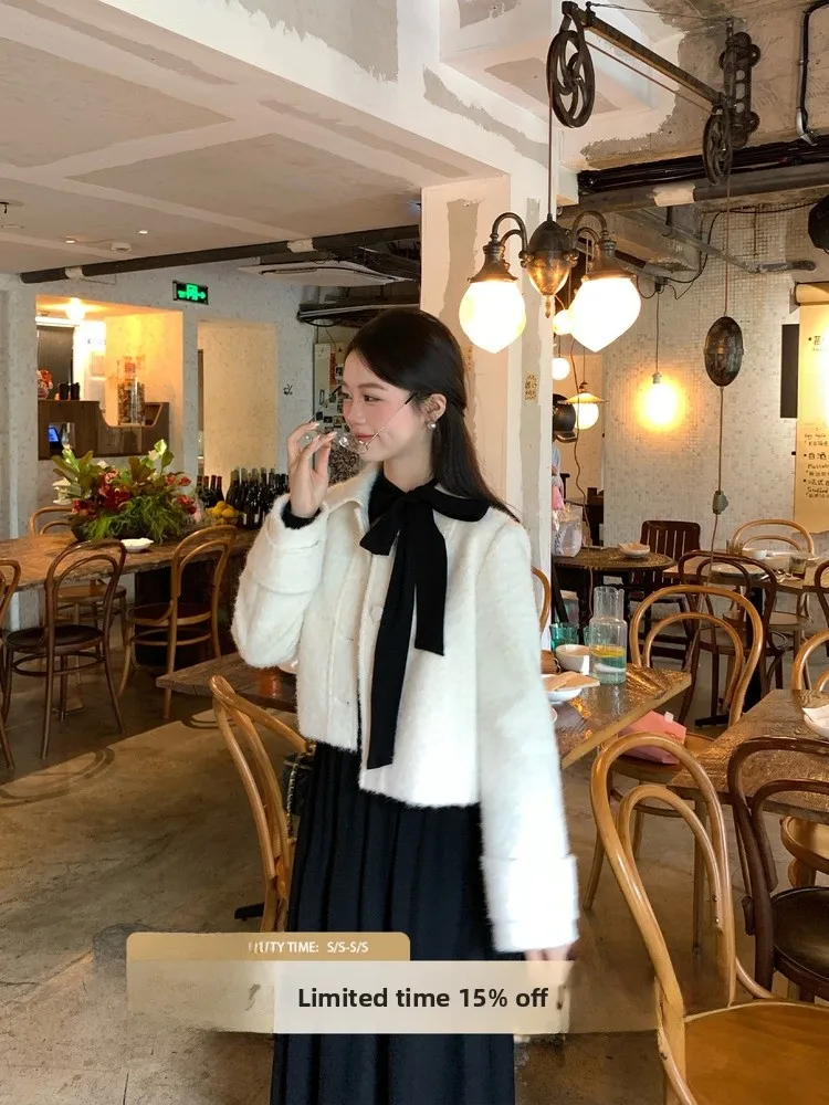 

Faionable Woolen Coat for Women with Turn-down Collar Korean Sle Commute Thiened Long Sve ort Length Single Button