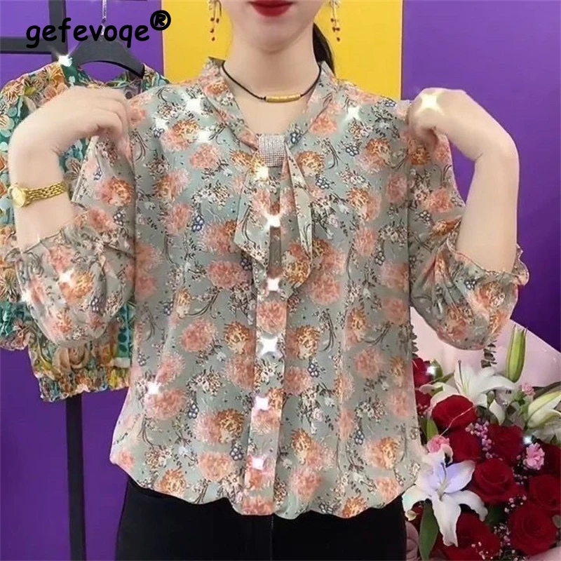 Middle-aged Women Korean Fashion Retro Floral Print Shirts Spring Summer Bow Elegant Blouses Ladies Casual Loose 3/4 Sleeve Tops