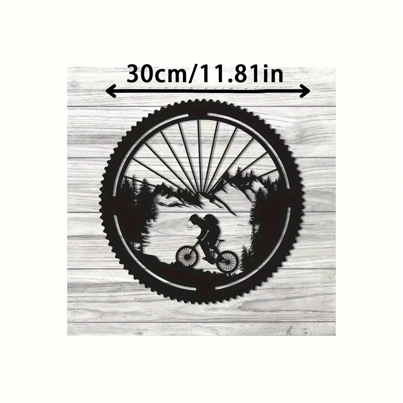 1pc Limited Mountain Bike Metal Wall Art Black Silhouette Cyclist Riding in Forest with Sunbeam Backdrop Wall Decor