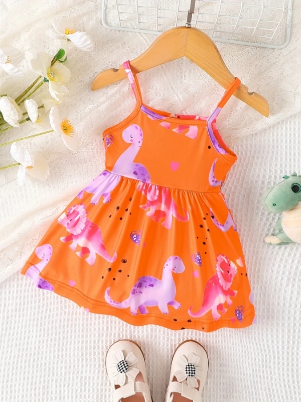 فستان بحزام سباغيتي جميل للفتيات | طباعة ديناصور وردي وأرجواني مع تنورة من التول - فستان بدون أكمام لعوب" #3