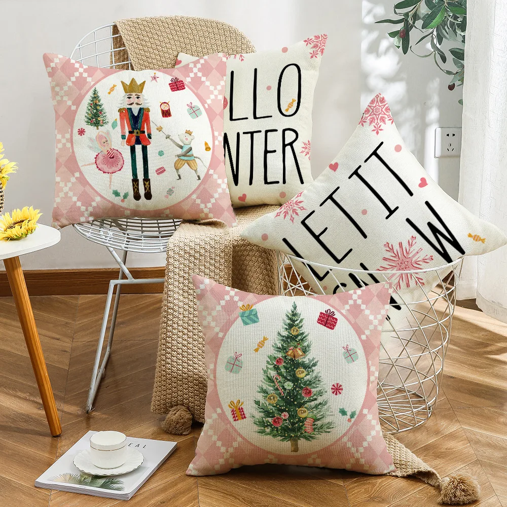 Pink Linen Christmas Pillowcase Cartoon Nutcracker Tree Hello Winter Let It Snow Cushion Cover Ornament