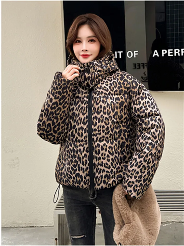 Leopard Print Loose Women Cotton Coat Winter Warm Stand Collar Zipper Quilted Padded Jacket Crop Top Y2K Parkas Female Clothes