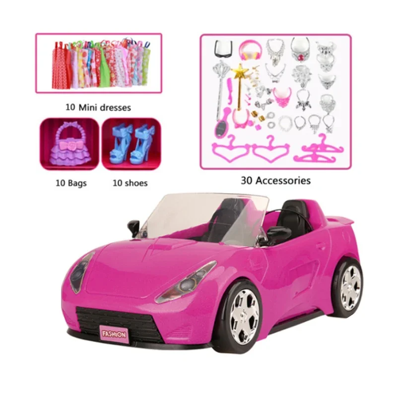 61pcs Set Cool 2-Seater Vehicle Pink Car with Stylish Travel Clothes and Accessories for Doll Kids Gift Toys for 3+ Years Old