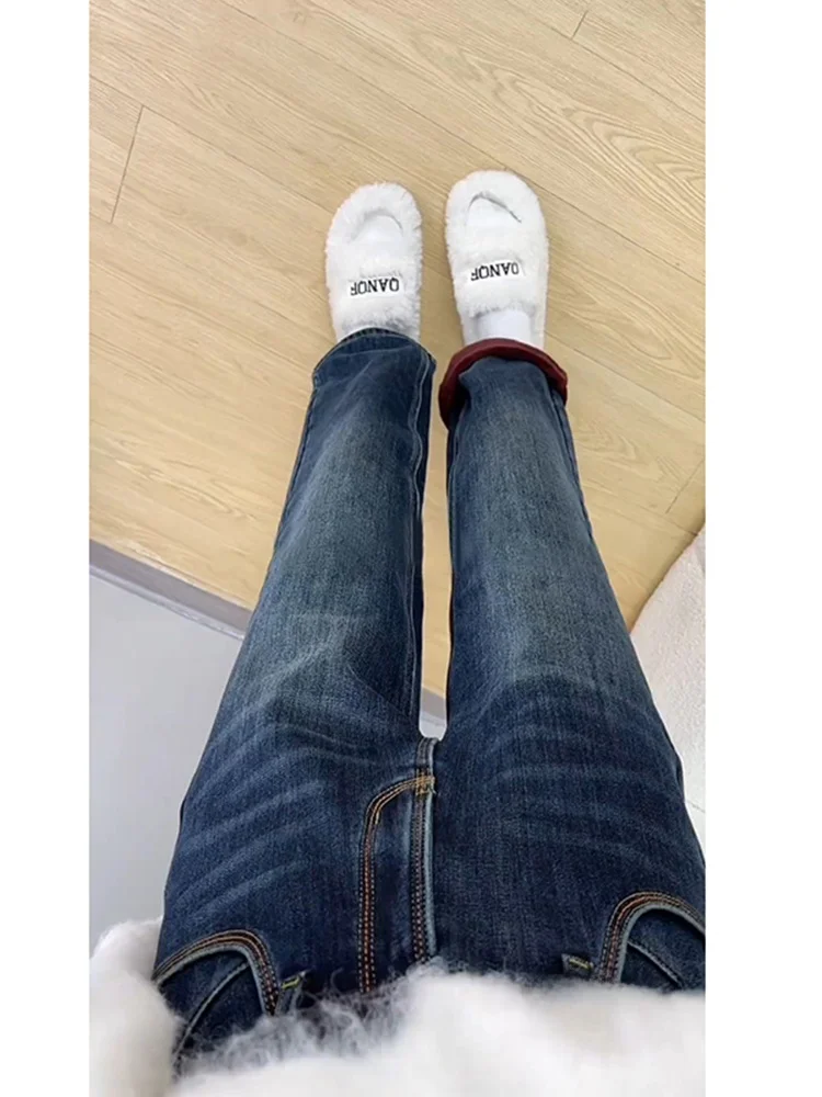

American Sle Retro Blue Fce Lined Jeans Men's Slim Fit Straight Leg High End Micro Flared Pants Winter Youth Faion