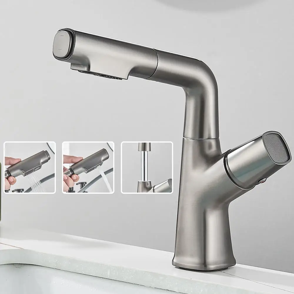 Pull Out Basin Faucet Lift Up Down Stream Sprayer Hot Cold Water Sink Mixer Wash Tap For Bathroom 360° Degree Rotation Tap