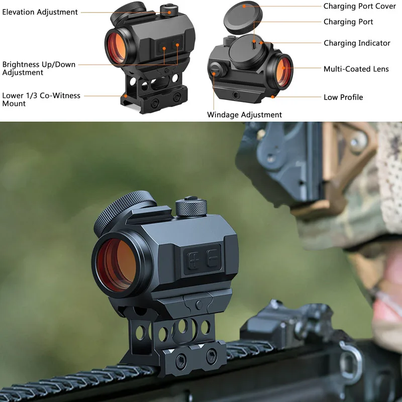 

Rechargeable Red Dot Sight 1x20mm 2 MOA Red Dot Waterproof Shockproof Fog-Proof Chargeable with Lower 1/3 Co-Witness Riser